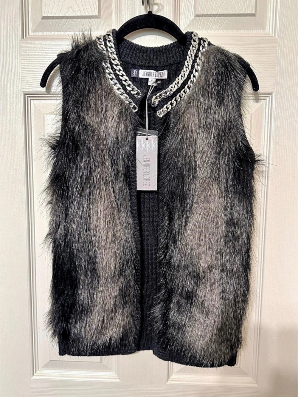 Jennifer Lopez Faux Fur Trim Knit Vest in Black & Gray Size XS NWT